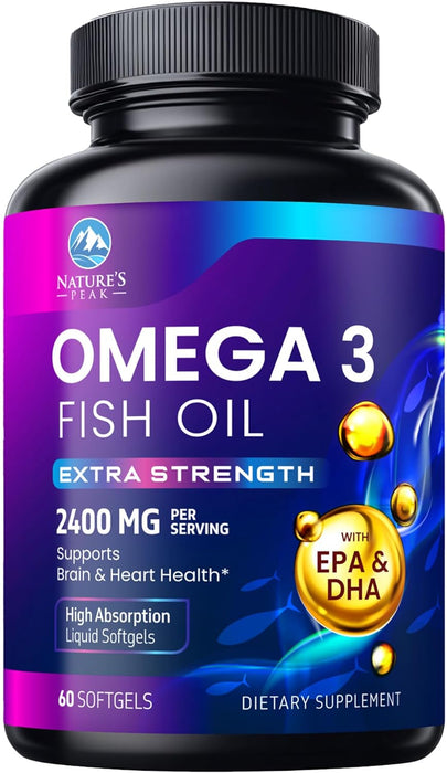 Triple Strength Omega 3 Fish Oil 2400 mg Softgels, Nature's Fish Oil Supplements, Brain & Heart Health Support - EPA & DHA, 1200 MG Fish Oil in Each Softgel, Omega-3 Supplement Softgels