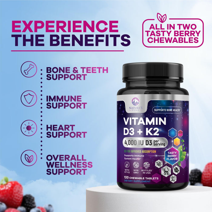 Vitamin D3 + K2 (MK-7) 4000 IU D3 – 120 Chewable Tablets