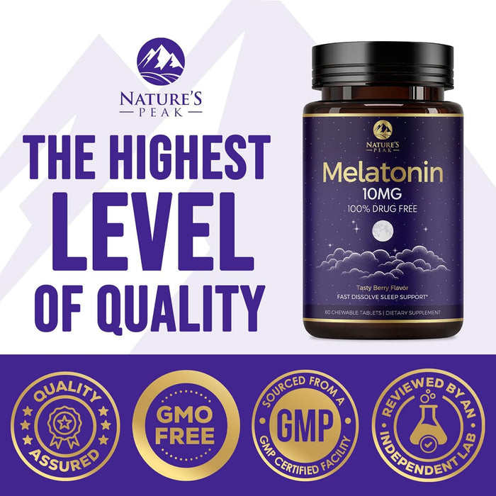 Melatonin 10mg, Strawberry-Flavored Fast Dissolve Tablets for Natural Sleep Support, Maximum Strength Melatonin Dietary Sleep Supplement for Adults, Sugar Free, Vegetarian, Non-GMO - 60 Count