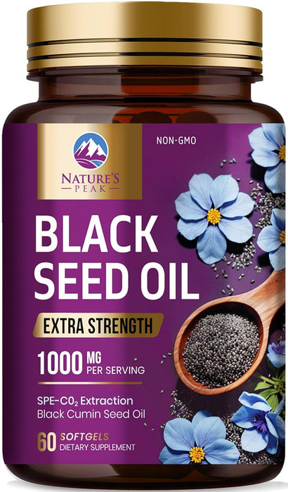 Black Seed Oil Softgels 1000mg - Premium Extra Strength Nigella Sativa Black Seed Oil, Pure Black Cumin Seed Oil for Hair, Skin, Brain Health & Immune Support, Non-GMO, Sugar & Gluten Free - 60 Count
