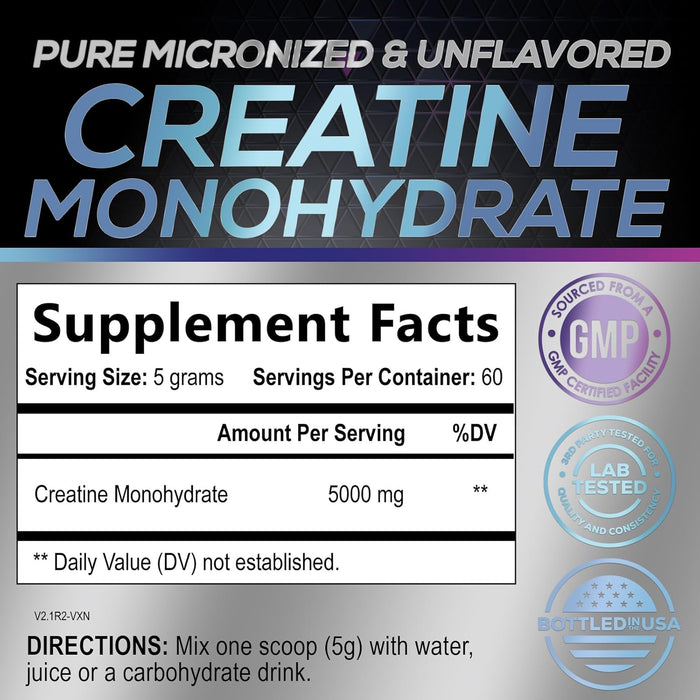 Micronized Creatine Monohydrate Powder 5000mg Per Serv (5g), Keto Friendly Workout Supplement, Supports Muscle Growth, Strength & Recovery - Pure Unflavored Vegan Pre Workout Supplements - 60 Servings