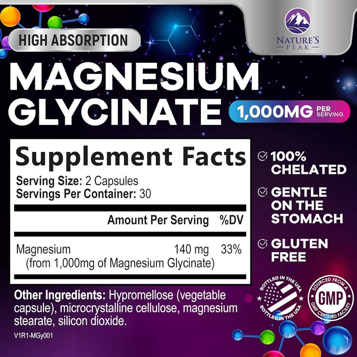 Pure Magnesium Glycinate 1000 mg - Max Absorption Magnesium Supplement for Muscle, Heart, Bone, Energy and Nerve Health Support, Support, Nature's Magnesium Pills for Women & Men - 60 Count