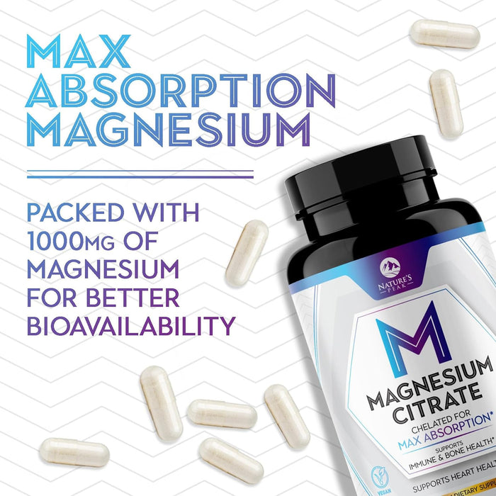 Magnesium Supplement 1000mg - Extra Strength Magnesium Complex for Muscle, Nerve, Bone & Heart Health Support - High Absorption Magnesium Citrate 500mg Capsules