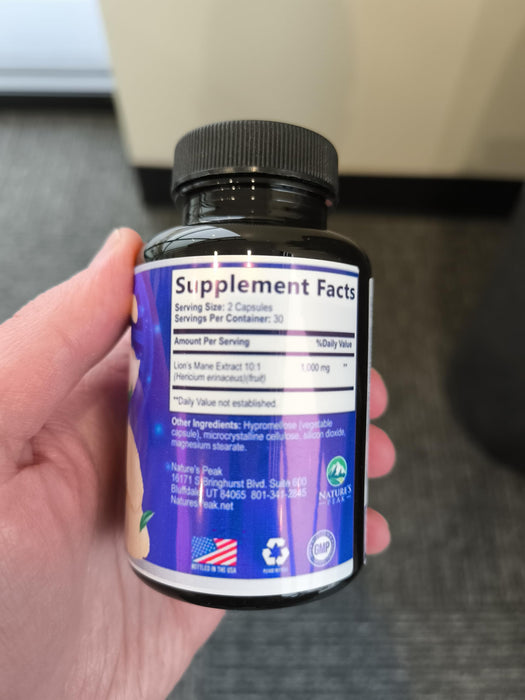 Lions Mane Mushroom Capsules 10,000mg - Lionâ€™s Mane Supplement Capsules for Memory and Focus Support, Brain, Immune Health Support, Vegan, Bottled in USA, Lions Mane Mushroom Powder Extract, 60 Count