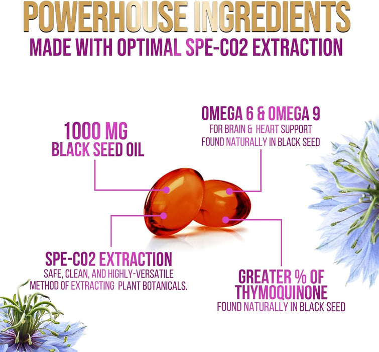 Black Seed Oil Softgels 1000mg - Premium Extra Strength Nigella Sativa Black Seed Oil, Pure Black Cumin Seed Oil for Hair, Skin, Brain Health & Immune Support, Non-GMO, Sugar & Gluten Free - 60 Count