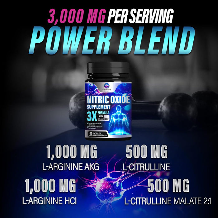 Nitric Oxide Supplement 3000mg L Arginine 3X Strength - Citrulline Malate & AKG - Extra Strength Muscle Supporting Nitric Booster for Muscle Growth & Workout Recovery to Train Harder - 60 Count