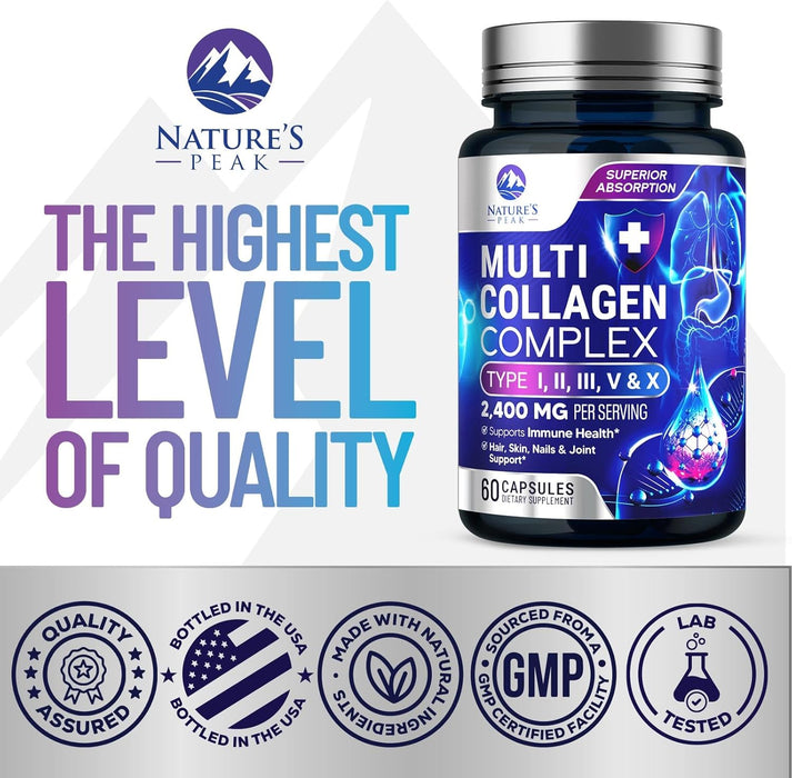 Collagen Peptides for Women & Men - Hydrolyzed Collagen Supplement for Hair, Nail, Skin, Bone and Joint Support, Type I, II, III, V, X, Grass Fed Collagen Powder Pills, Non-GMO - 60 Count
