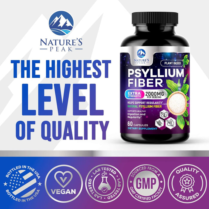 Psyllium Fiber Supplement 1500mg - Non-GMO, Natural Soluble Fiber for Daily Digestive Health & Regularity Support, Prebiotic Psyllium Husk Powder Caps with Plant Based Fiber, Sugar Free - 60 Count