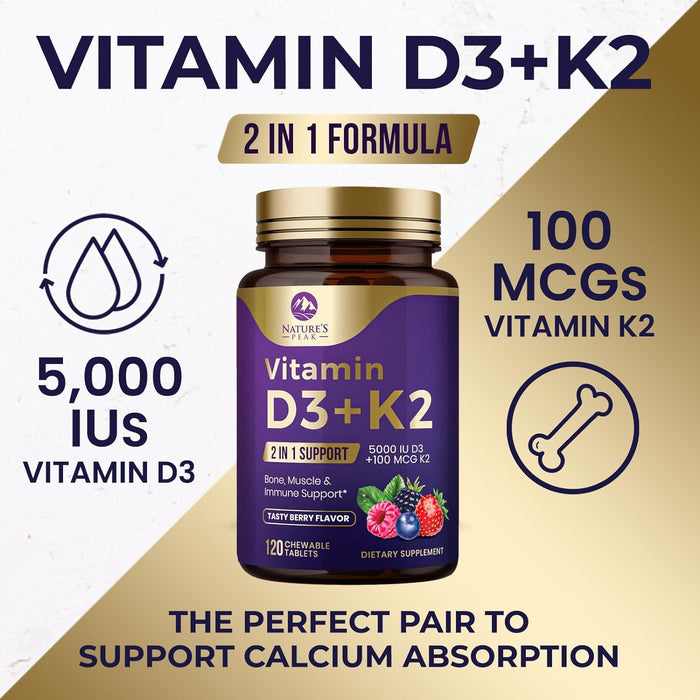 Nature's Peak D3 K2 Vitamin Supplement - 5000iu of D-3 & 100mcg of K2 as MK-7 Supports Calcium Absorption for Joints, Bones & Teeth Plus Immune Support - Non-GMO, Berry Flavor - 120 Count