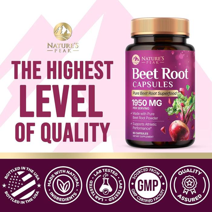 Beet Root Capsules 1950mg - Organic Beetroot Powder in Vegan Capsules - Premium Beet Root Powder Supplement Supports Nitric Oxide Production, Heart Health & Natural Energy - Bottled in USA - 60 Count