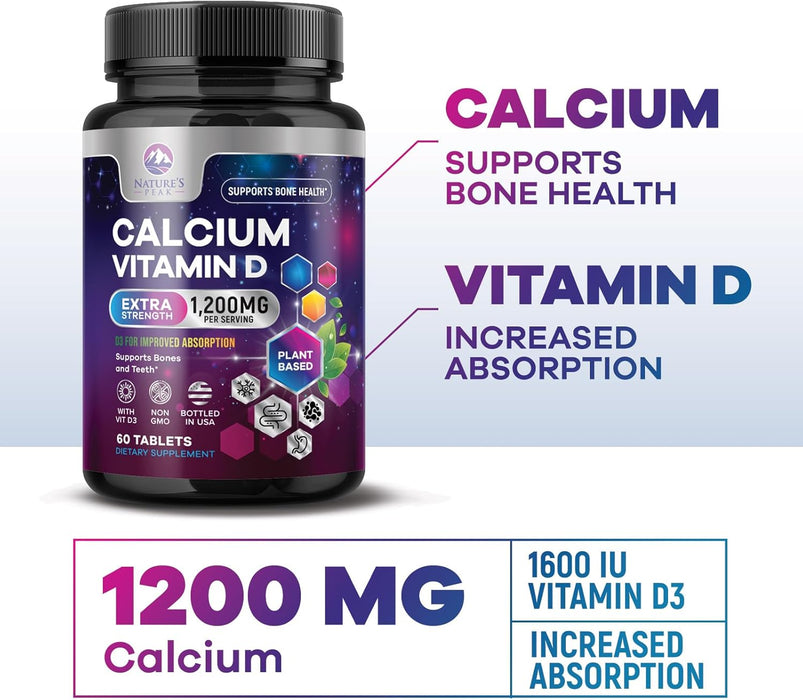 Calcium 1200 mg Plus Vitamin D3, Bone Health & Immune Support - Nature's Calcium Supplement with High Potency Vitamin D for Extra Strength Carbonate Absorption Dietary Supplement - 60 Count