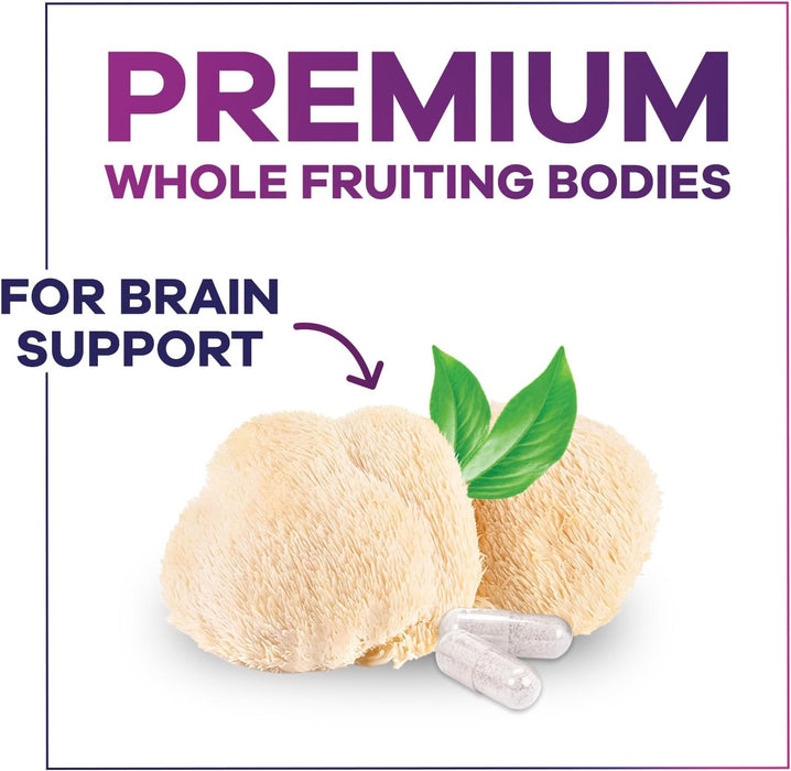 Lions Mane Supplement Mushroom Capsules 10,000mg, Lions Mane Mushroom Supplement Capsules for Memory and Focus Support, Brain, Immune Health Support, Non-GMO Lion’s Mane Powder Extract - 60 Count