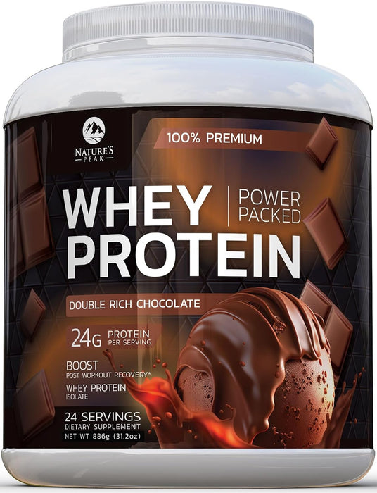 Nature's Premium 100% Whey Protein Powder, 24g of Protein, Double Rich Chocolate, Advanced Whey Isolate Protein Powder, Immune Health Support, Gluten Free, Fast Absorbing, Easy Digesting, 24 Servings