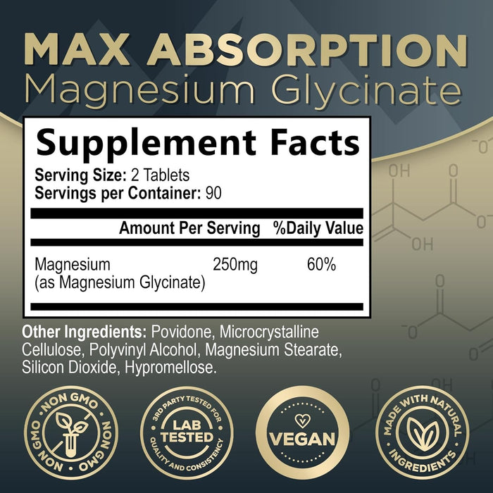 Magnesium Glycinate 250mg - 100% Chelated for Max Absorption, Magnesium Capsules for Bone, Muscle & Heart Health Support, Nature's Magnesium Supplement, Vegan, Gluten Free, Non-GMO - 180 Count