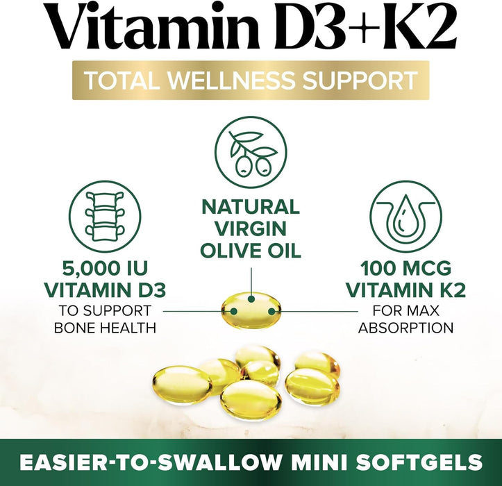 D3 K2 Vitamin 5000 IU | 2-in-1 Vitamin D 5000iu & Mk7 Vitamin K 100 mcg Dietary Supplement for Bone & Immune Support, Bottled in USA, Easy to Swallow, Gluten Free, Non-GMO | 120 D3K2 Complex Softgels