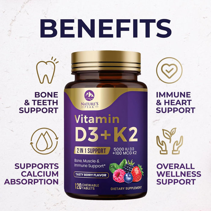 Nature's Peak D3 K2 Vitamin Supplement - 5000iu of D-3 & 100mcg of K2 as MK-7 Supports Calcium Absorption for Joints, Bones & Teeth Plus Immune Support - Non-GMO, Berry Flavor - 120 Count