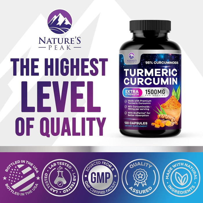 Turmeric Curcumin Supplement 1500mg - 95% Curcuminoids with BioPerine Black Pepper for Best Absorption - Best Natural Vegan Joint Support - Bottled in USA, Non-GMO, Organic Tumeric - 120 Capsules