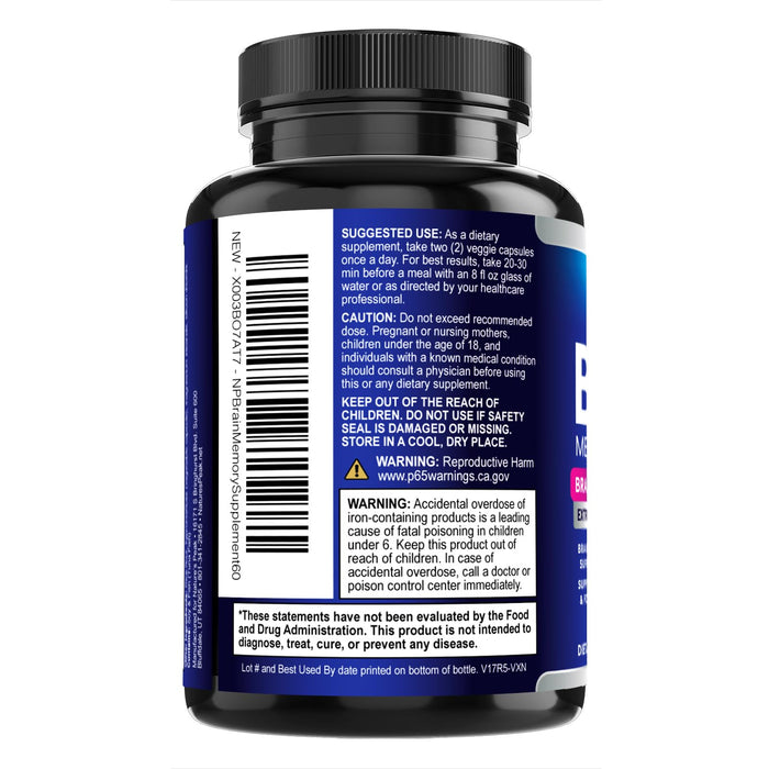 Brain Supplement for Memory and Focus, Nootropic Support for Concentration, Clarity, Energy, Brain Health with Bacopa, Cognitive Vitamins, Phosphatidylserine, DMAE, Nootropics & More - 60 Count