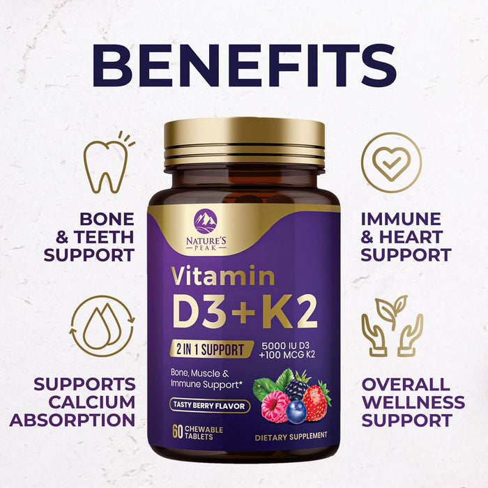 Nature's Peak D3 K2 Vitamin Supplement - 5000iu of D-3 & 100mcg of K2 as MK-7 Supports Calcium Absorption for Joints, Bones & Teeth Plus Immune Support - Non-GMO, Berry Flavor - 60 Count