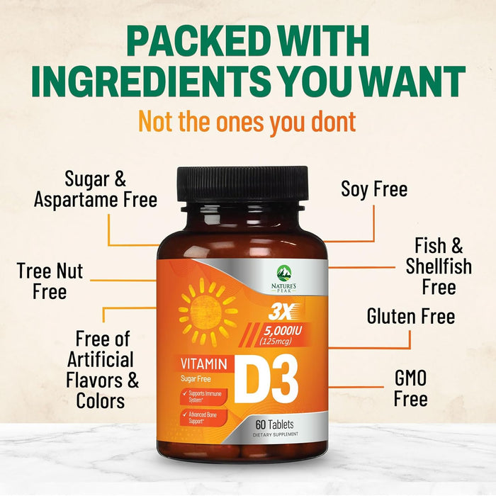 Vitamin D3 5000 IU (125 mcg) - High Potency Vitamin D Chewables for Bone, Teeth, Muscle & Immune Support, Sugar Free, Non-GMO, Gluten Free, Extra Strength Vitamin D Supplements - 60 Count