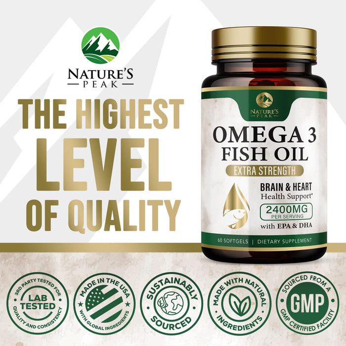 Nature's Peak Fish Oil 2400 mg - Triple Strength Fish Oil Supplement, Omega 3 Fish Oil w/EPA & DHA Fatty Acids for Healthy Heart Support, Burpless Omega 3 Supplements - 60 Count
