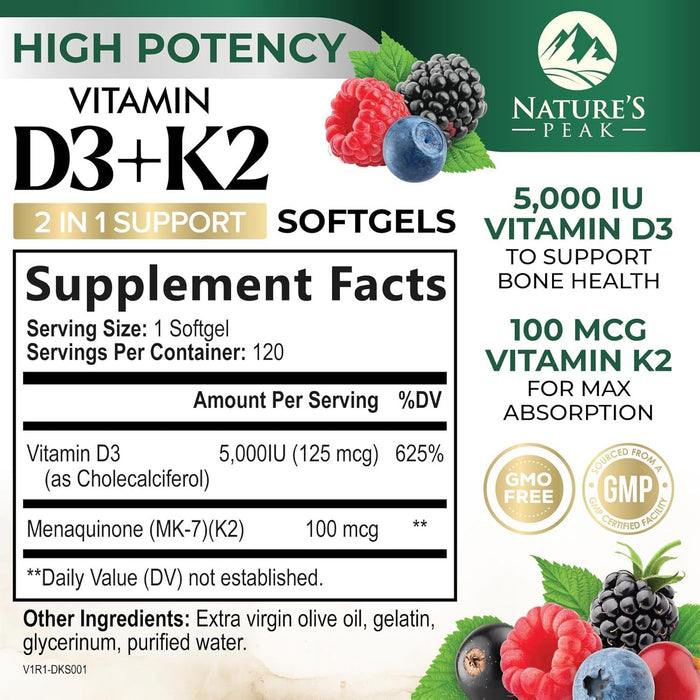 D3 K2 Vitamin 5000 IU | 2-in-1 Vitamin D 5000iu & Mk7 Vitamin K 100 mcg Dietary Supplement for Bone & Immune Support, Bottled in USA, Easy to Swallow, Gluten Free, Non-GMO | 120 D3K2 Complex Softgels