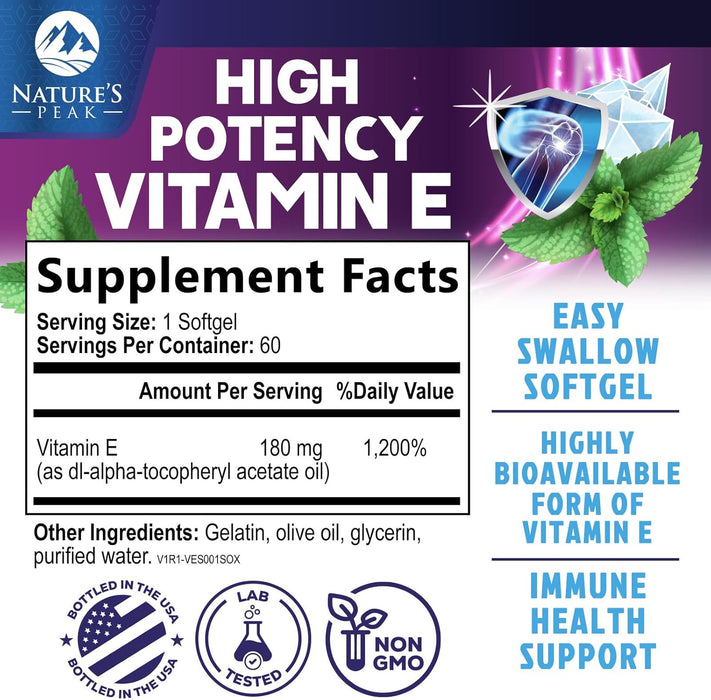 E Vitamin for Women and Men - 180 mg (400 IU) dl-Alpha - Effective Antioxidant Dietary Supplement - Hair, Skin, & Immune Health Support - Easily Absorbed Form, Non-GMO & Gluten Free - 60 Count