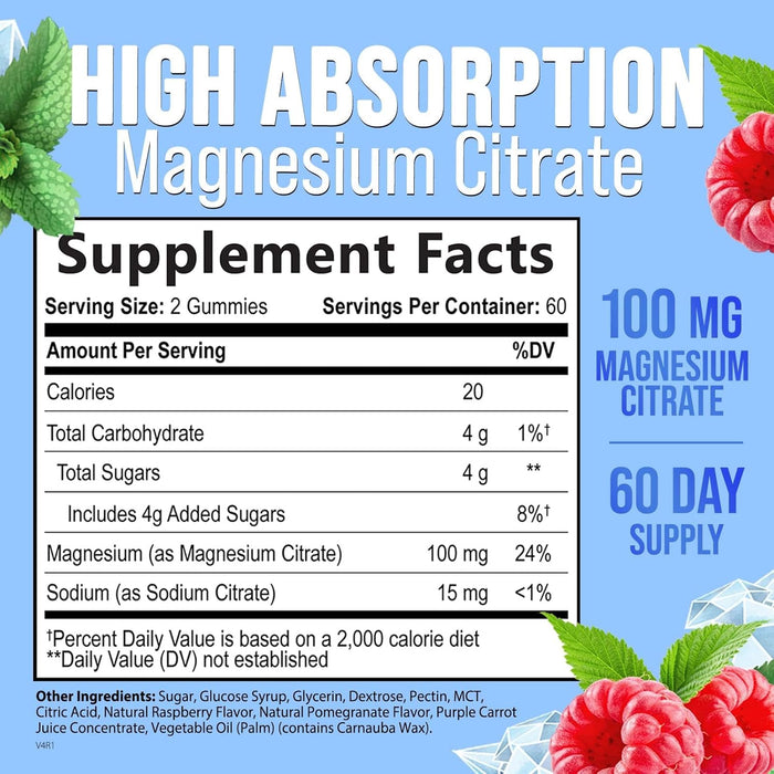 Magnesium Gummy - High Absorption Magnesium Citrate Supplement for Stress Support for Adults & Kids - Calm Magnesium Gummies Dietary Supplements - Bone Support & Heart Support - 120 Gummies