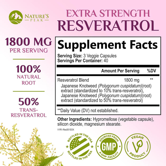 100% Natural Resveratrol 1800mg - 3X Strength Trans-Resveratrol Pills for Heart Health, Best Resveratrol Supplements, Potent Polyphenols Antioxidant Complex, Non-GMO, Bottled in USA - 120 Capsules