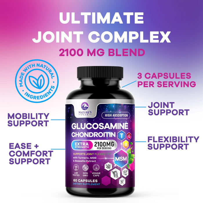 Glucosamine Chondroitin MSM Joint Supplement 2100mg - with Glucosamine Sulfate, Turmeric, Boswellia, Quercetin & Bromelain â€“ Nature's Extra Strength Flexibility, Mobility & Joint Support, 60 Capsules
