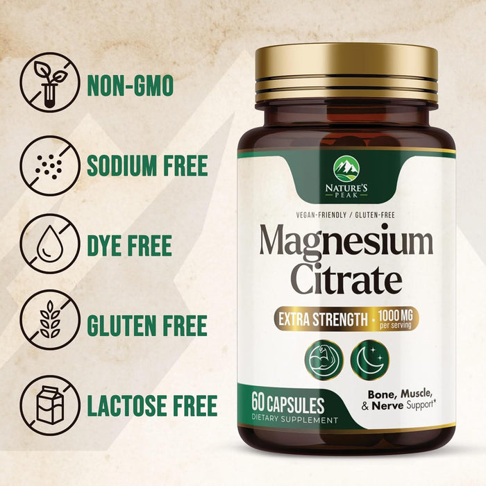 Magnesium Citrate 1000mg - High Absorption Magnesium Supplement Supports Muscle, Bone, Nerve & Heart Health - Extra Strength Magnesio Complex Pills - Non-GMO, Premium Energy Formula - 60 Capsules