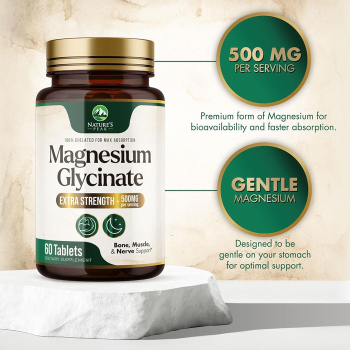 Nature's Magnesium Glycinate 500 mg - High Absorption Magnesium Supplement Pills to Support Heart Health, Muscle, Nerve & Bone Support, Vegan, Non-GMO Dietary Supplement Magnesium Pills - 60 Count