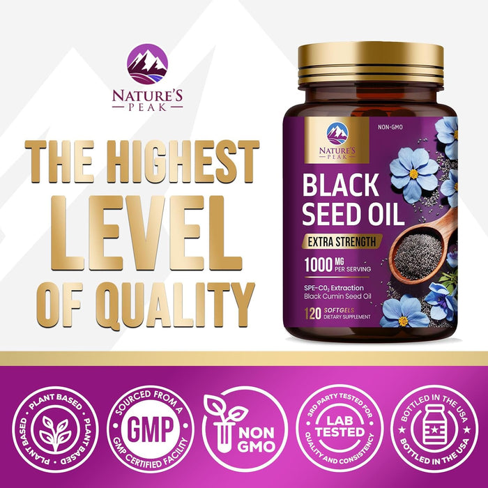 Black Seed Oil Softgels 1000mg - Premium Extra Strength Nigella Sativa Black Seed Oil, Pure Black Cumin Seed Oil for Hair, Skin, Brain Health & Immune Support, Non-GMO, Sugar & Gluten Free - 120 Count