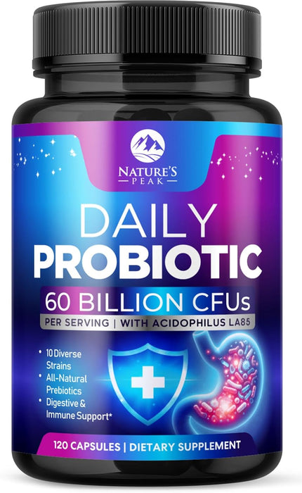 Daily Probiotics and Prebiotics 60 Billion CFU - 10 Diverse Strains for Digestion, Vaginal & Immune Health Support - Digestive Support for Men and Women, Dairy, Soy and Gluten Free - 120 Count