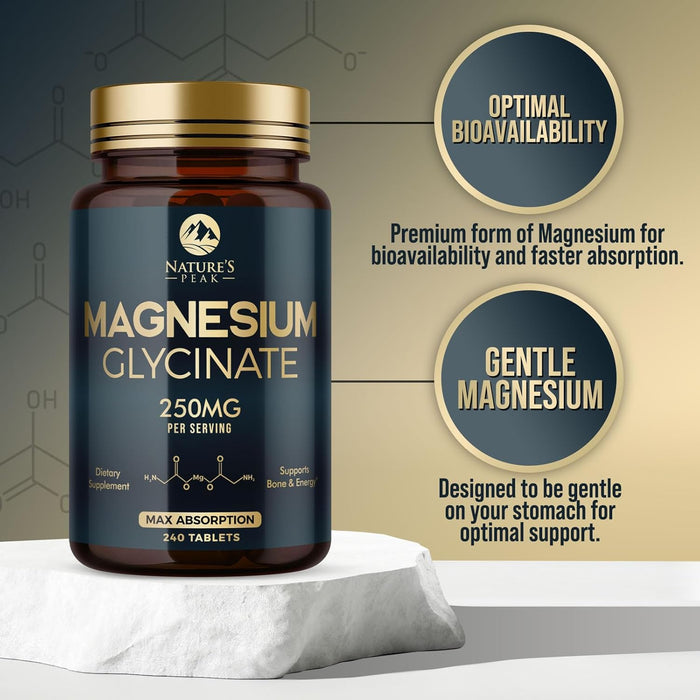 Magnesium Glycinate 250mg - 100% Chelated for Max Absorption, Magnesium Capsules for Bone, Muscle & Heart Health Support, Nature's Magnesium Supplement, Vegan, Gluten Free, Non-GMO - 240 Count
