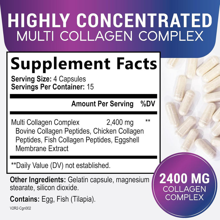 Collagen Peptides for Women & Men - Hydrolyzed Collagen Supplement for Hair, Nail, Skin, Bone and Joint Support, Type I, II, III, V, X, Grass Fed Collagen Powder Pills, Non-GMO - 60 Count