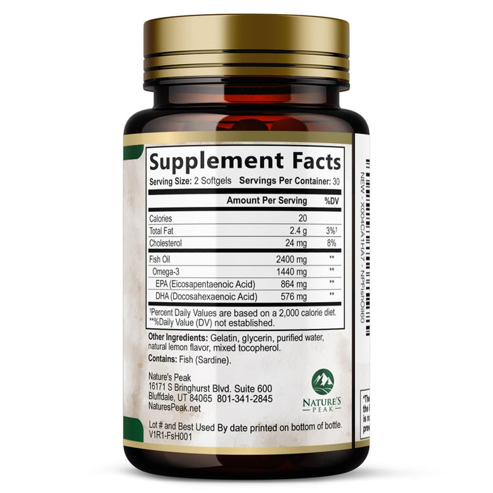 Nature's Peak Fish Oil 2400 mg - Triple Strength Fish Oil Supplement, Omega 3 Fish Oil w/EPA & DHA Fatty Acids for Healthy Heart Support, Burpless Omega 3 Supplements - 60 Count