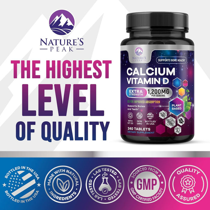 Calcium 1200 mg Plus Vitamin D3, Bone Health & Immune Support - Nature's Calcium Supplement with High Potency Vitamin D for Extra Strength Carbonate Absorption Dietary Supplement - 240 Count