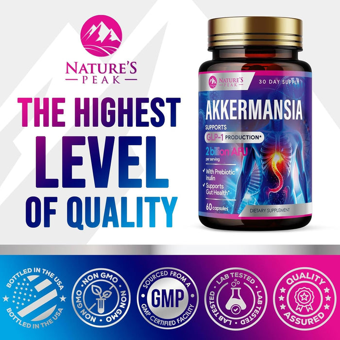Akkermansia Probiotic with Prebiotic Fiber - Akkermansia Muciniphila GLP-1 Probiotics for Women & Men - Digestive, Gut, Overall Health & Immune Support, Third-Party Tested, Gluten-Free - 60 Count