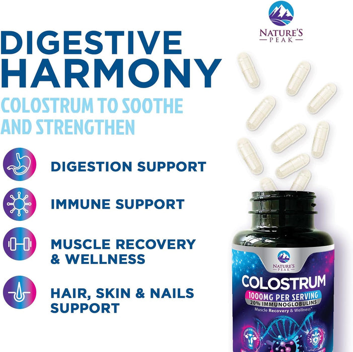 Colostrum Supplement 1000mg 20% Immunoglobulins for Gut Health, Immune Support, Muscle, Skin & Hair Growth, Bovine Colostrum Powder, Nature's Colostrum for Women & Men, Bottled in USA - 60 Count