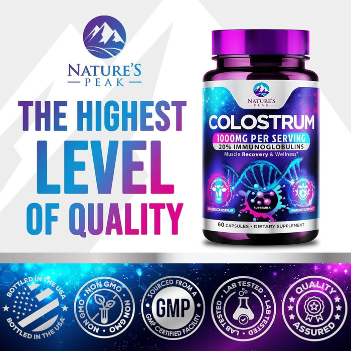 Colostrum Supplement 1000mg 20% Immunoglobulins for Gut Health, Immune Support, Muscle, Skin & Hair Growth, Bovine Colostrum Powder, Nature's Colostrum for Women & Men, Bottled in USA - 60 Count