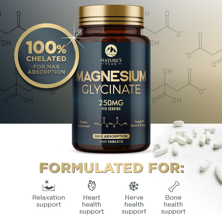Magnesium Glycinate 250mg - 100% Chelated for Max Absorption, Magnesium Capsules for Bone, Muscle & Heart Health Support, Nature's Magnesium Supplement, Vegan, Gluten Free, Non-GMO - 240 Count