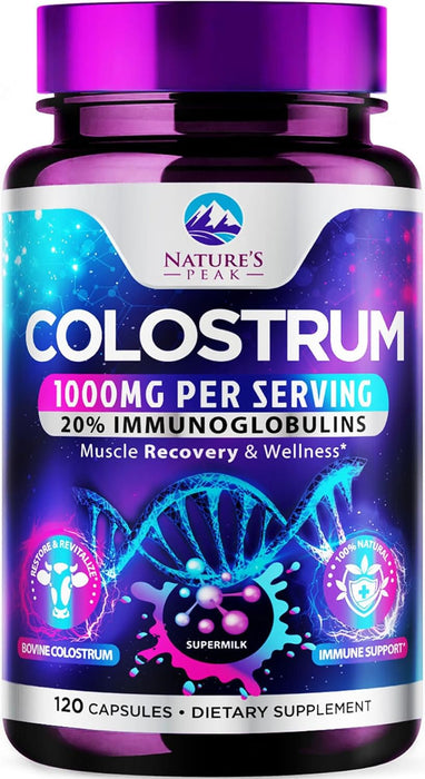 Colostrum Supplement 1000mg 20% Immunoglobulins for Gut Health, Immune Support, Muscle, Skin & Hair Growth, Bovine Colostrum Powder, Nature's Colostrum for Women & Men, Bottled in USA - 120 Count