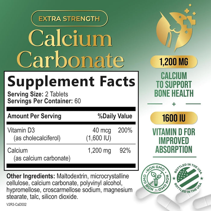 Calcium 1200 mg Plus Vitamin D3, Bone Health & Immune Support - Nature's Calcium Supplement with High Potency Vitamin D for Extra Strength Carbonate Absorption Dietary Supplement