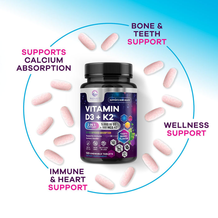Nature's Peak D3 K2 Vitamin Supplement - 5000iu of D-3 & 100mcg of K2 as MK-7 Supports Calcium Absorption for Joints, Bones & Teeth Plus Immune Support - Non-GMO, Berry Flavor - 120 Count