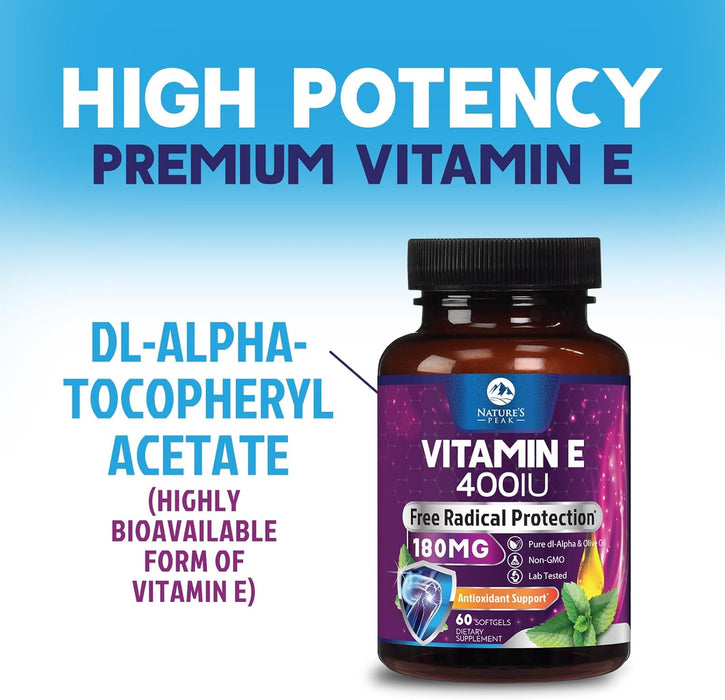 E Vitamin for Women and Men - 180 mg (400 IU) dl-Alpha - Effective Antioxidant Dietary Supplement - Hair, Skin, & Immune Health Support - Easily Absorbed Form, Non-GMO & Gluten Free - 60 Count