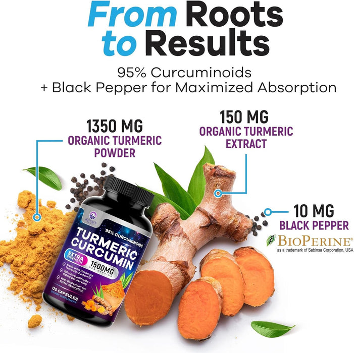 Turmeric Curcumin Supplement 1500mg - 95% Curcuminoids with BioPerine Black Pepper for Best Absorption - Best Natural Vegan Joint Support - Bottled in USA, Non-GMO, Organic Tumeric - 120 Capsules