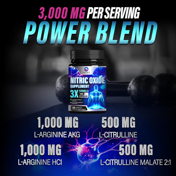 Nitric Oxide Supplement 3000mg L Arginine 3X Strength - Citrulline Malate & AKG - Extra Strength Muscle Supporting Nitric Booster for Muscle Growth & Workout Recovery to Train Harder - 120 Count