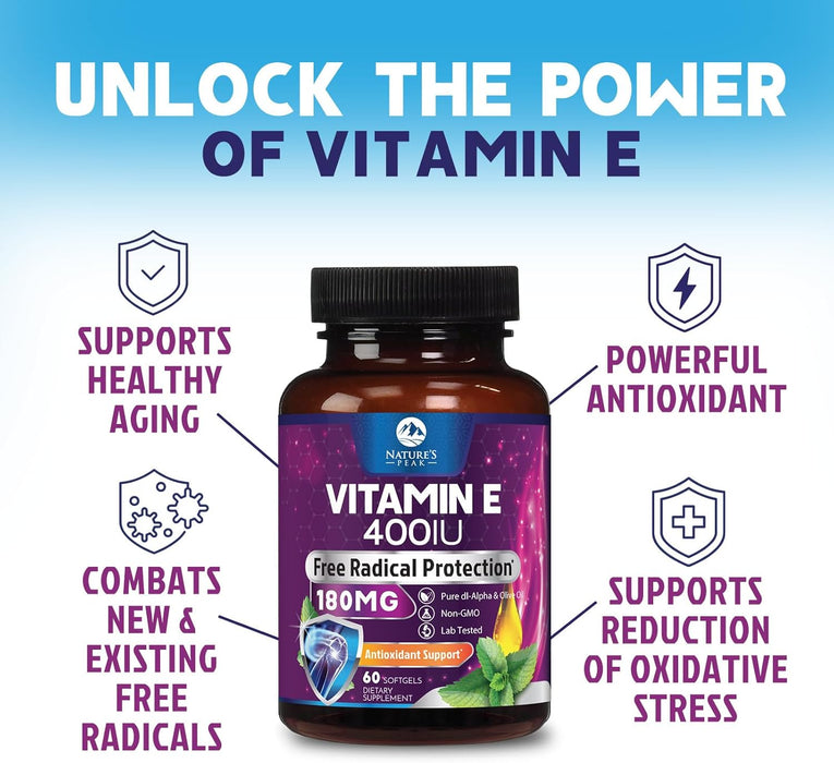 E Vitamin for Women and Men - 180 mg (400 IU) dl-Alpha - Effective Antioxidant Dietary Supplement - Hair, Skin, & Immune Health Support - Easily Absorbed Form, Non-GMO & Gluten Free - 60 Count