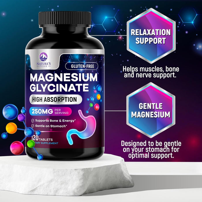Magnesium Glycinate 250mg - 100% Chelated for Max Absorption, Magnesium Capsules for Bone, Muscle & Heart Health Support, Nature's Magnesium Supplement, Vegan, Gluten Free, Non-GMO - 120 Count